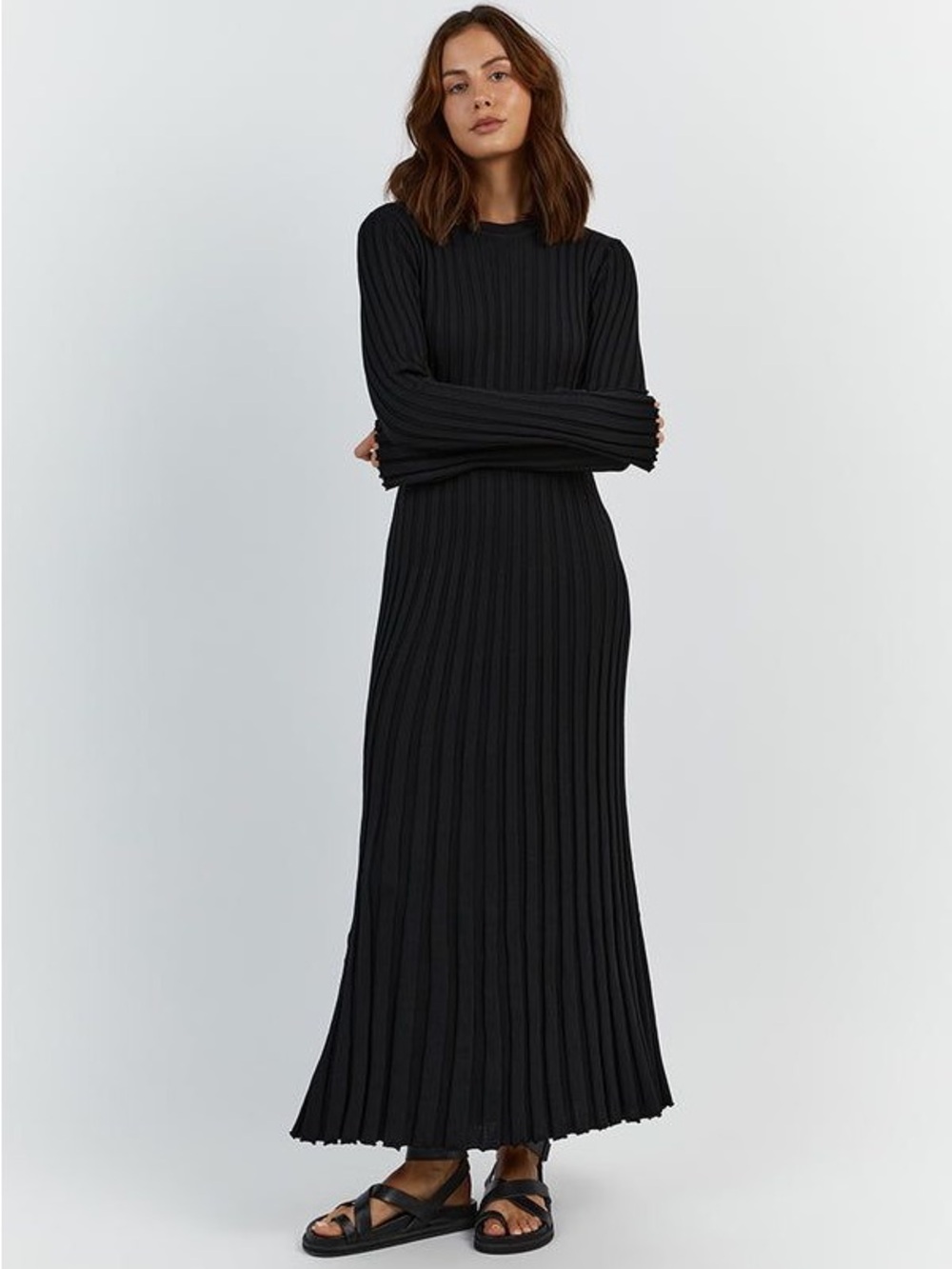 DISSH Ada Black Ribbed Knit Long Sleeve Maxi Dress